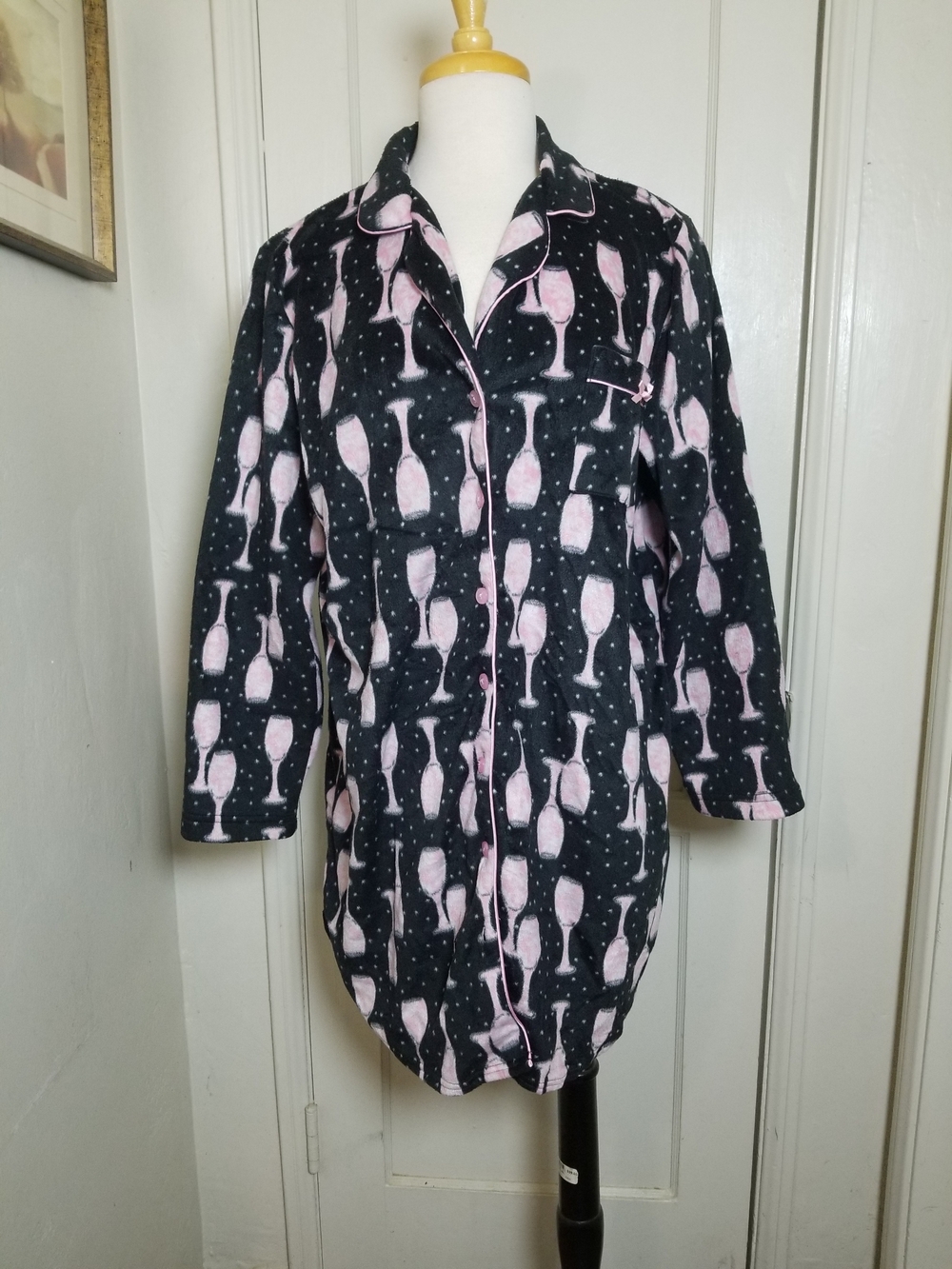 CHARTER Club Black Pink Champagne Glass Print Pajama Nightgown Nightshirt